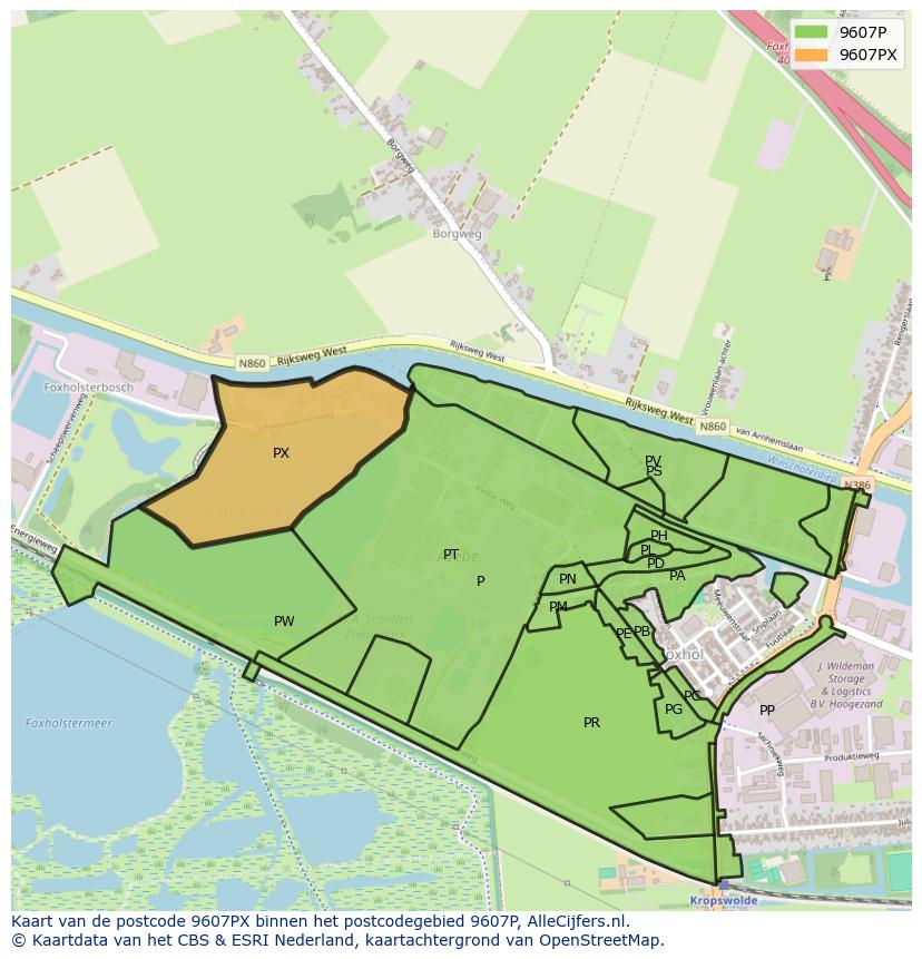 Afbeelding van het postcodegebied 9607 PX op de kaart.