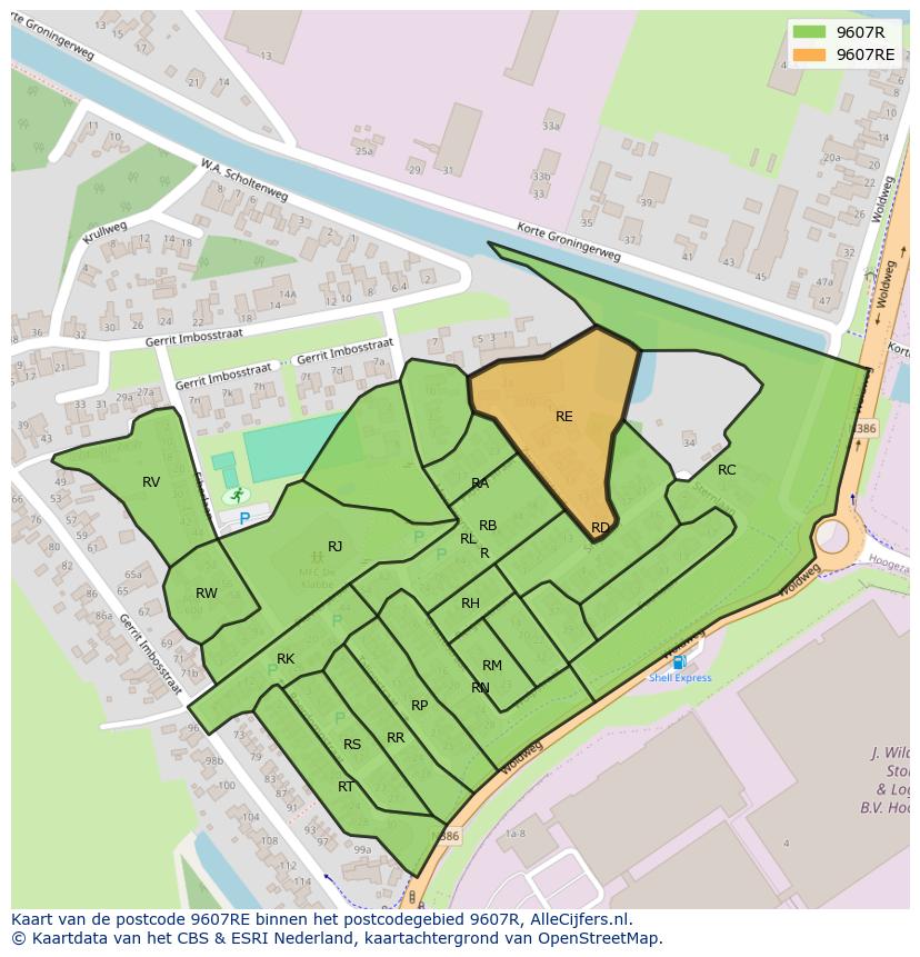 Afbeelding van het postcodegebied 9607 RE op de kaart.
