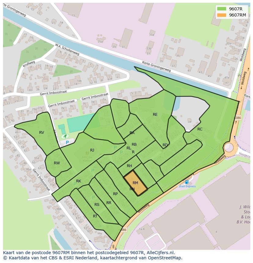 Afbeelding van het postcodegebied 9607 RM op de kaart.