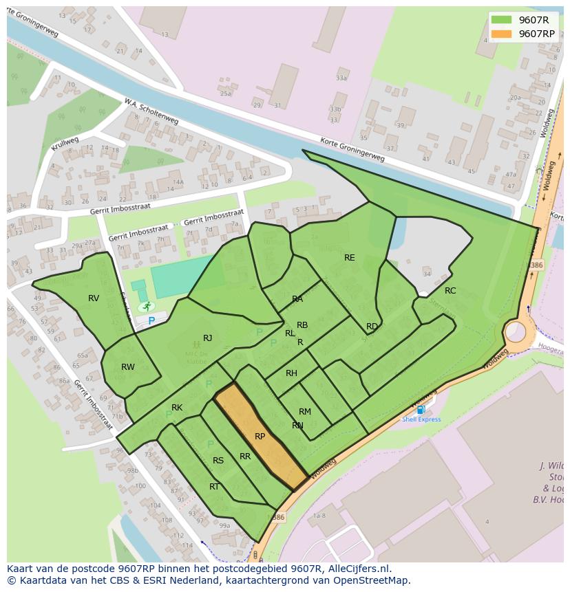 Afbeelding van het postcodegebied 9607 RP op de kaart.