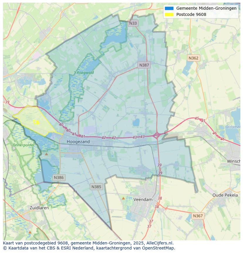 Afbeelding van het postcodegebied 9608 op de kaart.