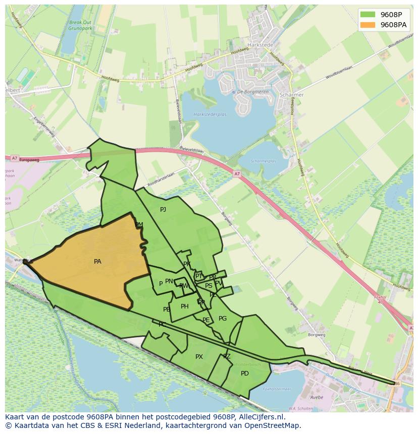 Afbeelding van het postcodegebied 9608 PA op de kaart.
