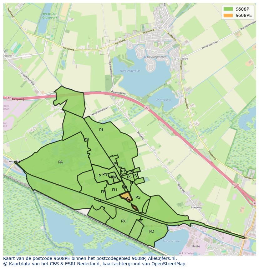 Afbeelding van het postcodegebied 9608 PE op de kaart.