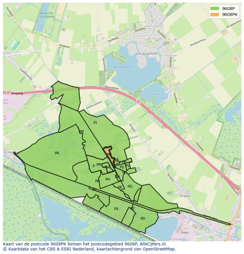 Afbeelding van het postcodegebied 9608 PK op de kaart.