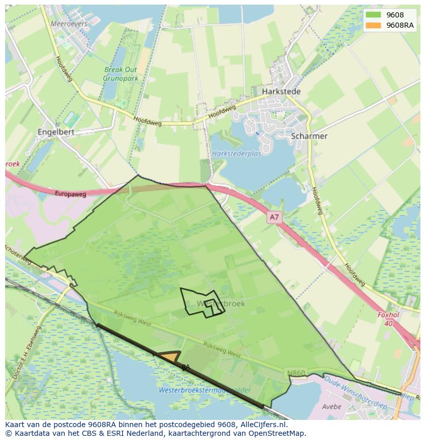 Afbeelding van het postcodegebied 9608 RA op de kaart.