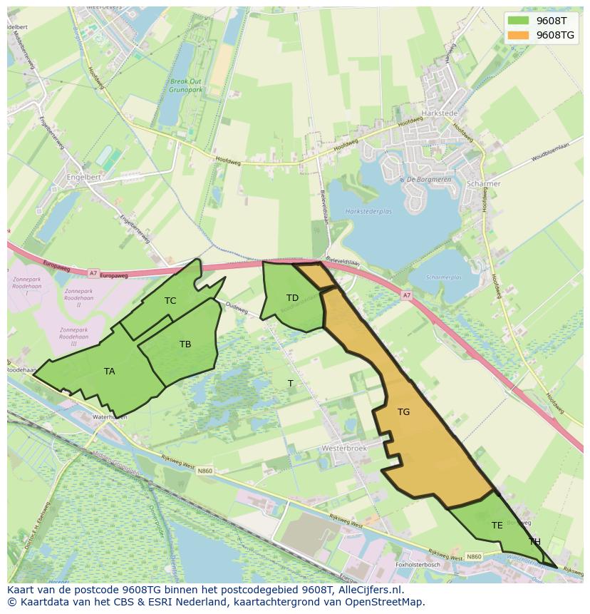 Afbeelding van het postcodegebied 9608 TG op de kaart.