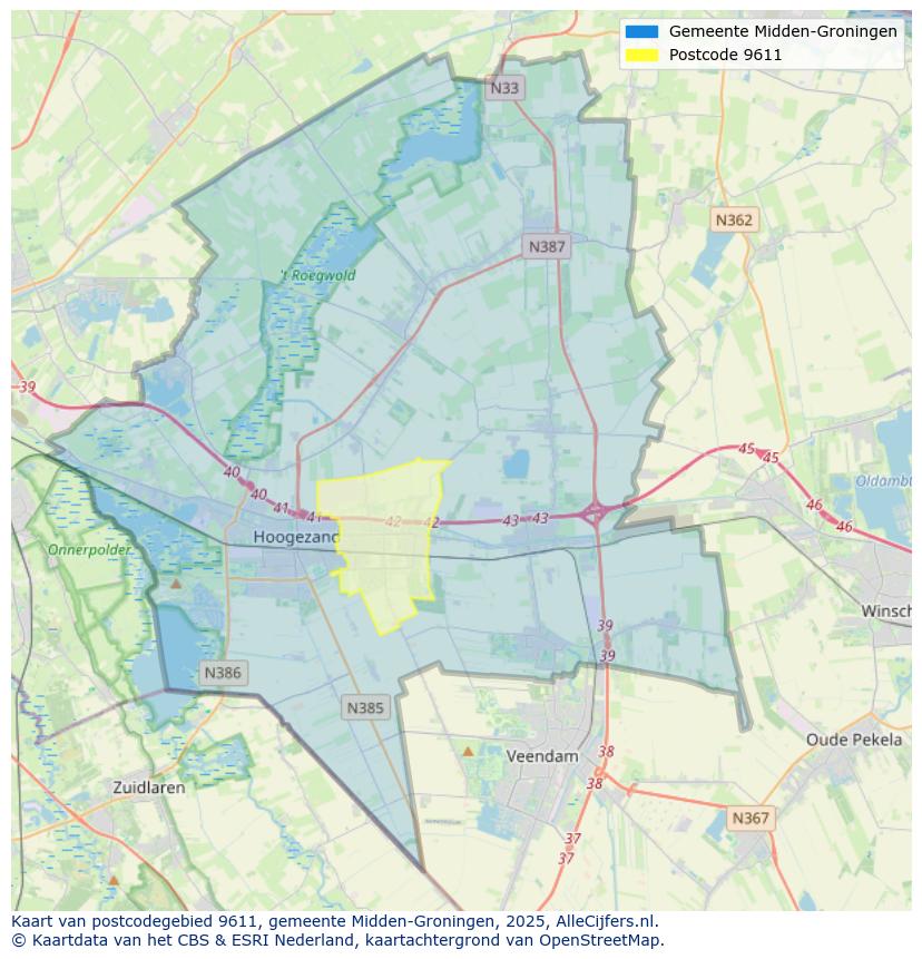 Afbeelding van het postcodegebied 9611 op de kaart.