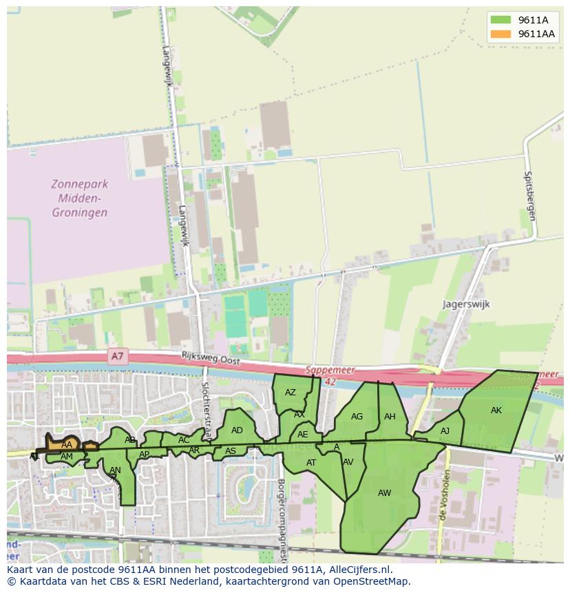 Afbeelding van het postcodegebied 9611 AA op de kaart.