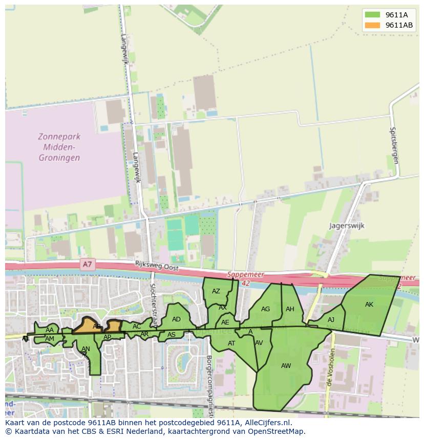 Afbeelding van het postcodegebied 9611 AB op de kaart.