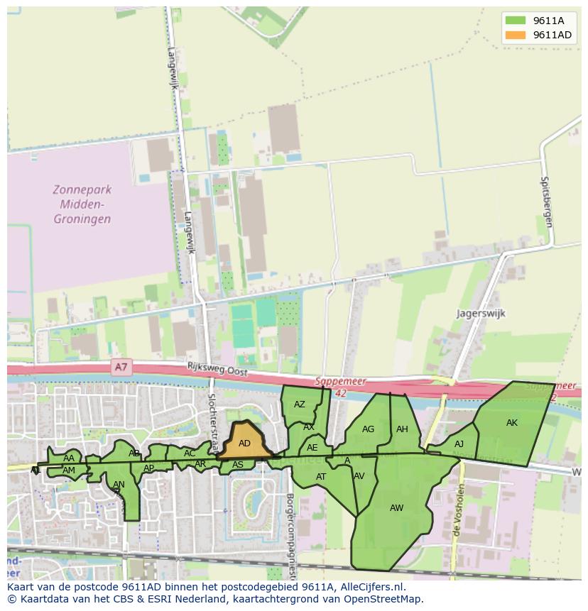 Afbeelding van het postcodegebied 9611 AD op de kaart.