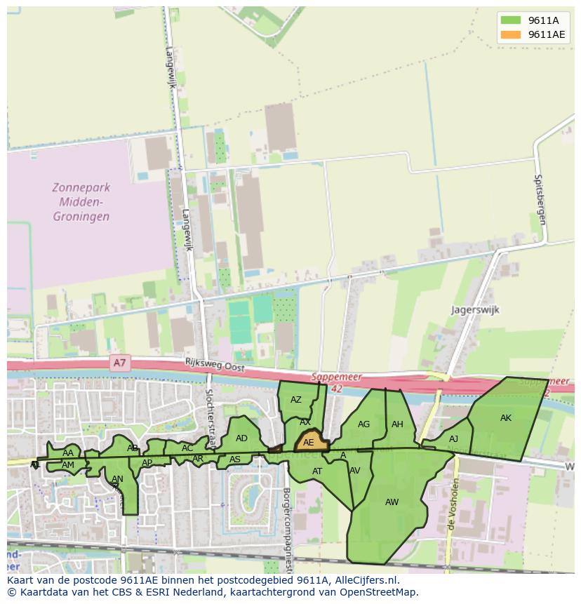 Afbeelding van het postcodegebied 9611 AE op de kaart.