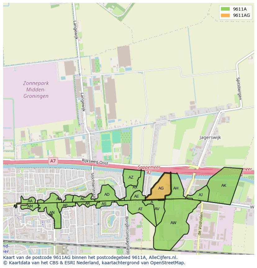 Afbeelding van het postcodegebied 9611 AG op de kaart.