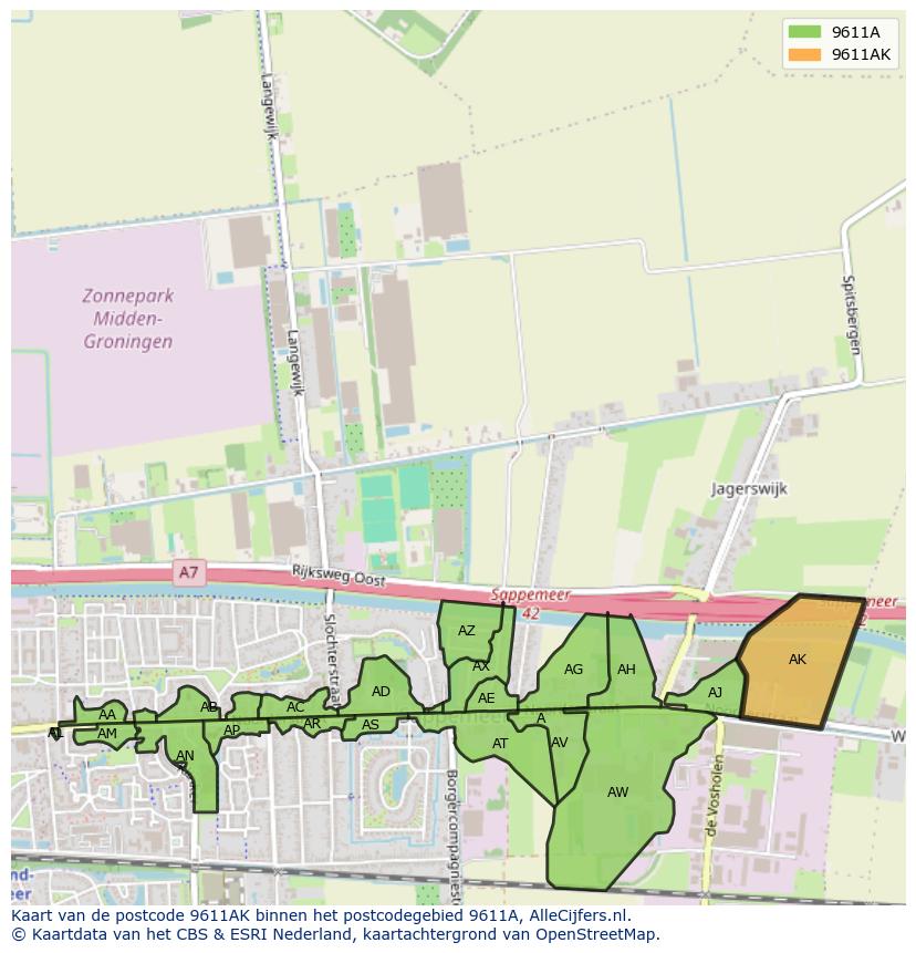 Afbeelding van het postcodegebied 9611 AK op de kaart.