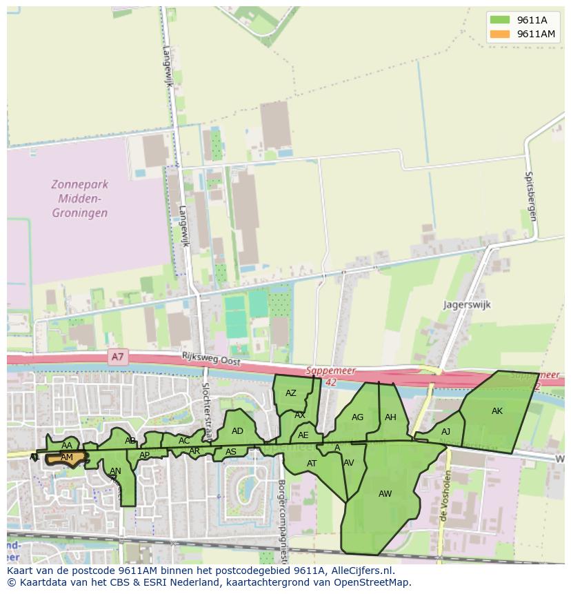 Afbeelding van het postcodegebied 9611 AM op de kaart.