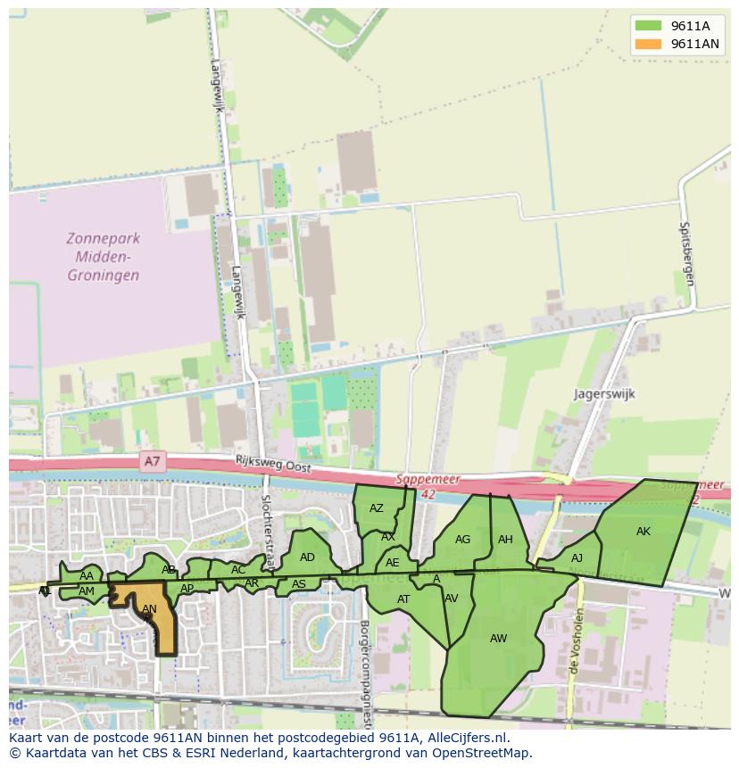 Afbeelding van het postcodegebied 9611 AN op de kaart.