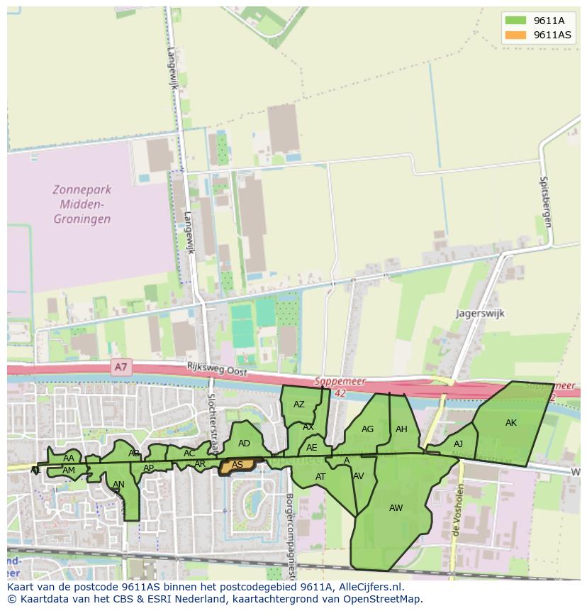 Afbeelding van het postcodegebied 9611 AS op de kaart.