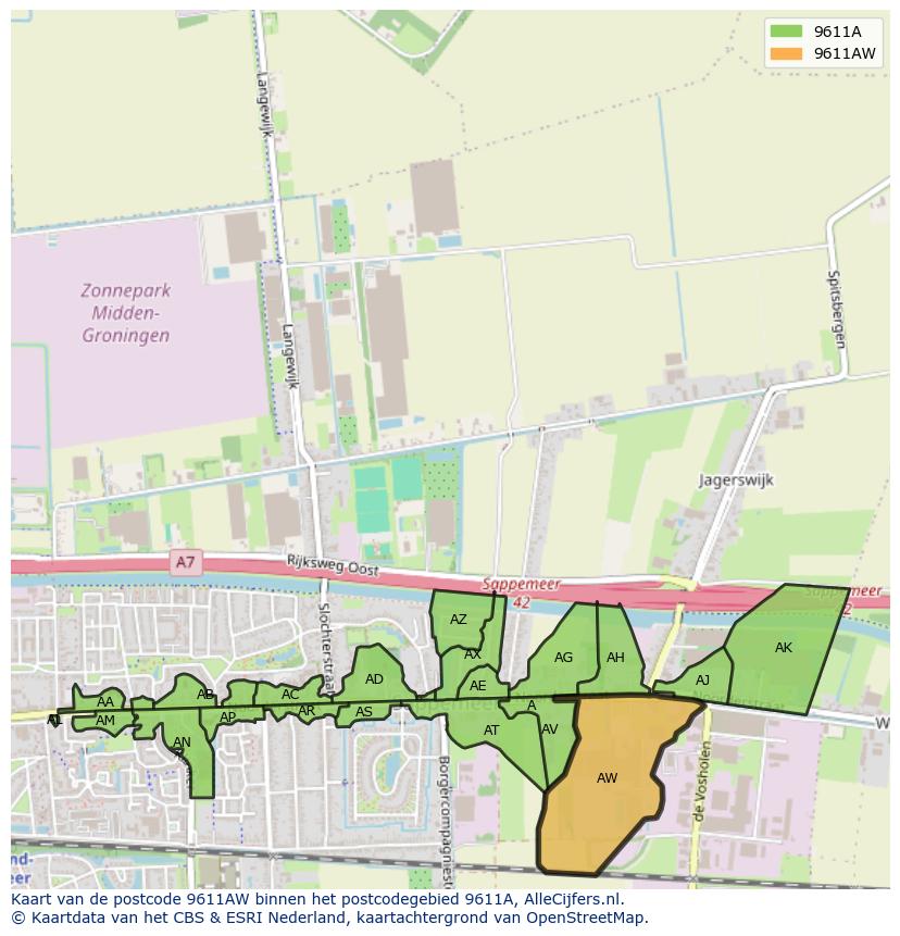 Afbeelding van het postcodegebied 9611 AW op de kaart.