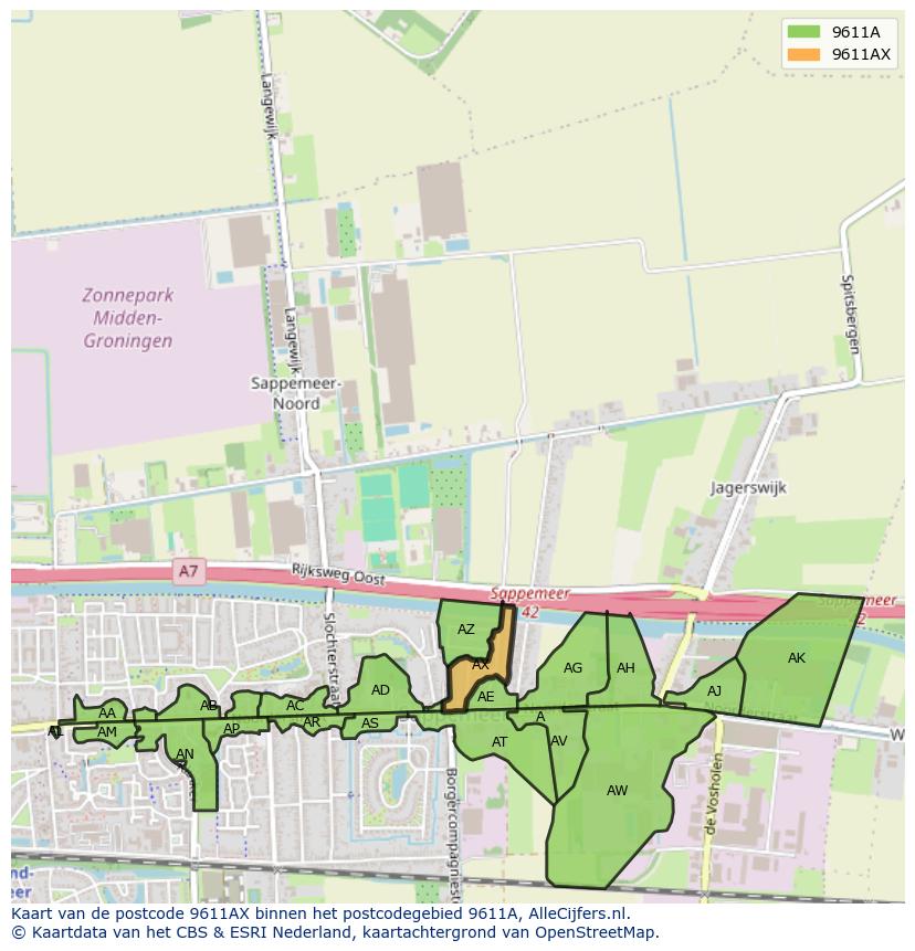 Afbeelding van het postcodegebied 9611 AX op de kaart.