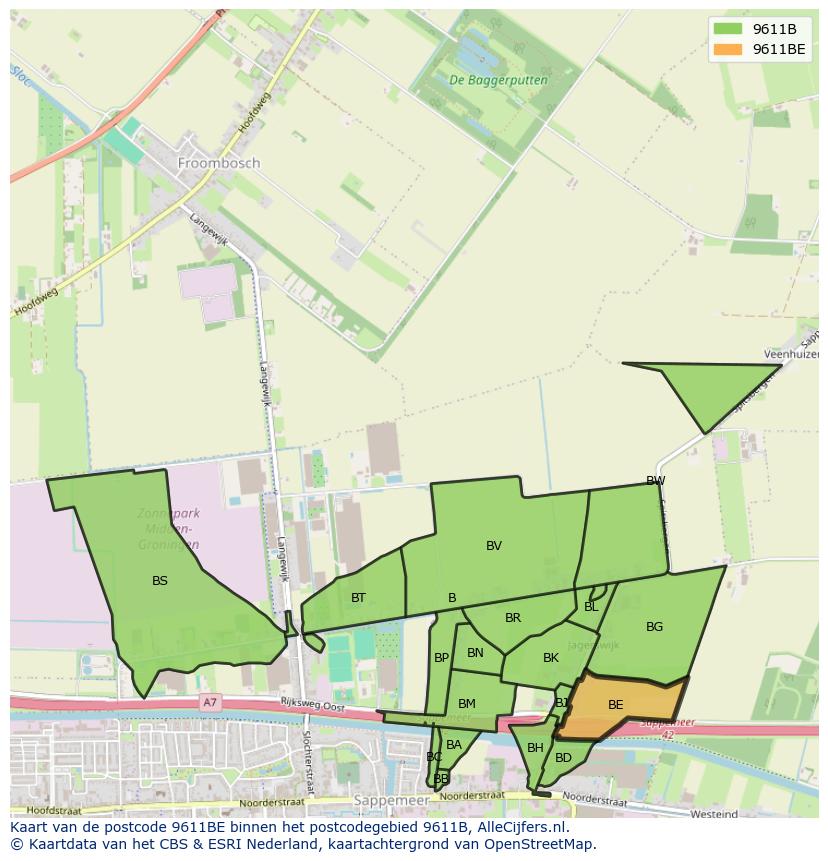 Afbeelding van het postcodegebied 9611 BE op de kaart.
