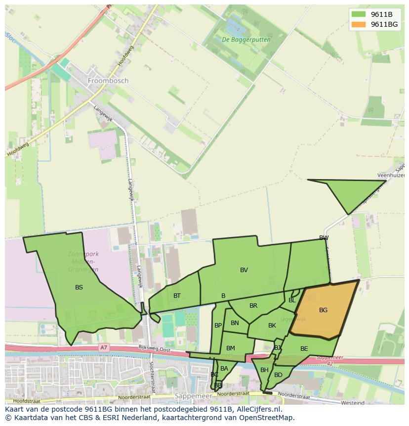 Afbeelding van het postcodegebied 9611 BG op de kaart.
