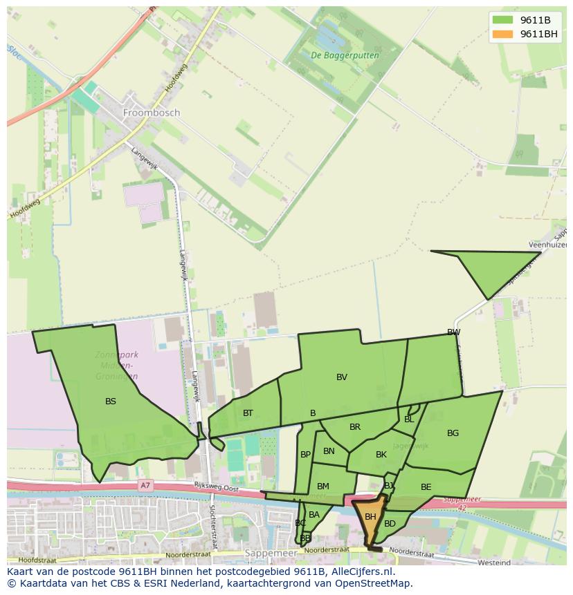 Afbeelding van het postcodegebied 9611 BH op de kaart.