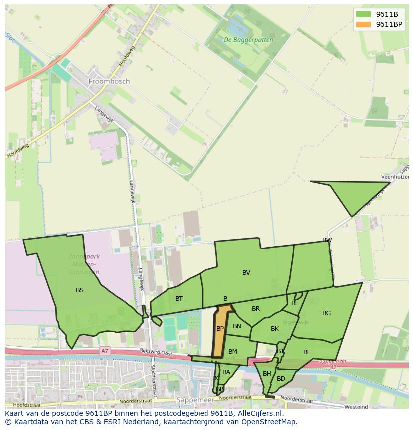 Afbeelding van het postcodegebied 9611 BP op de kaart.
