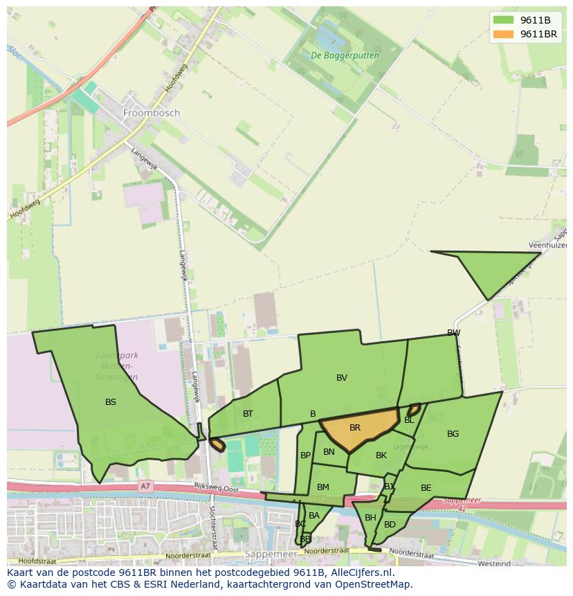 Afbeelding van het postcodegebied 9611 BR op de kaart.