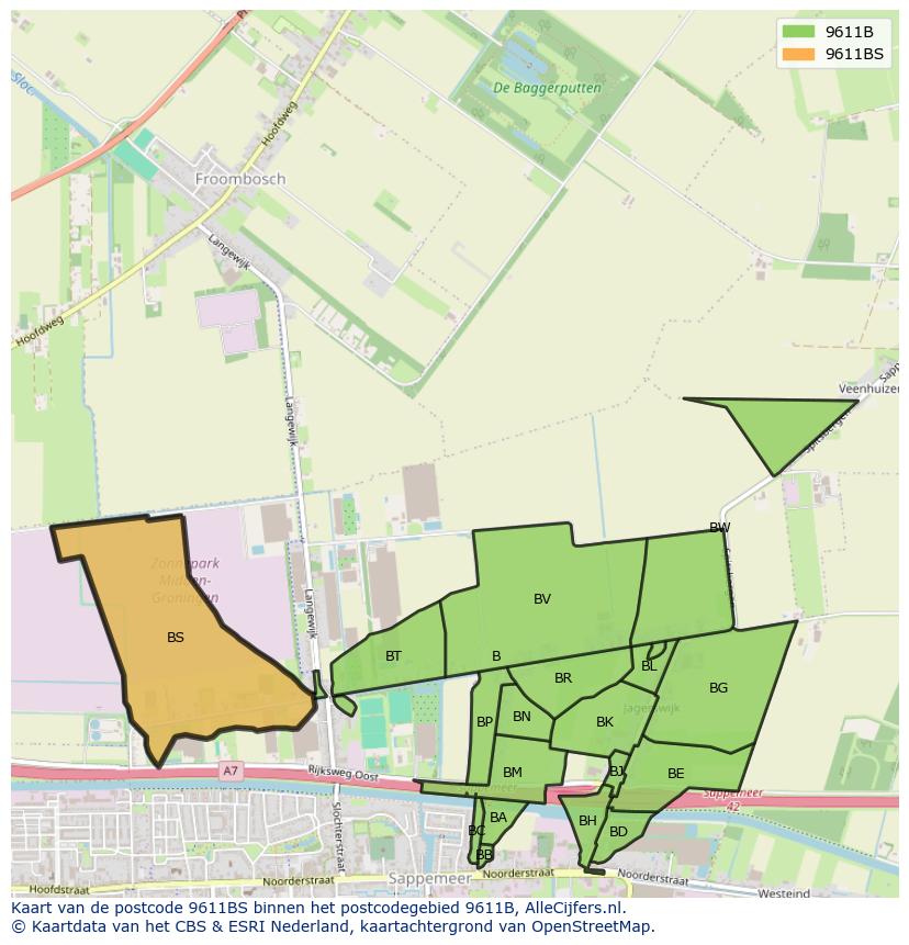 Afbeelding van het postcodegebied 9611 BS op de kaart.