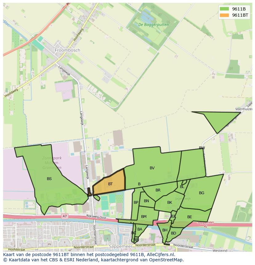 Afbeelding van het postcodegebied 9611 BT op de kaart.