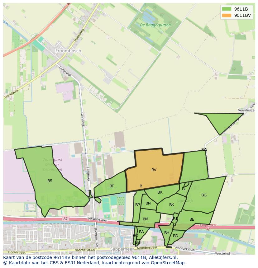 Afbeelding van het postcodegebied 9611 BV op de kaart.