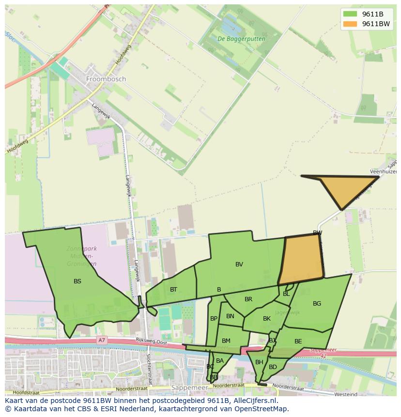 Afbeelding van het postcodegebied 9611 BW op de kaart.