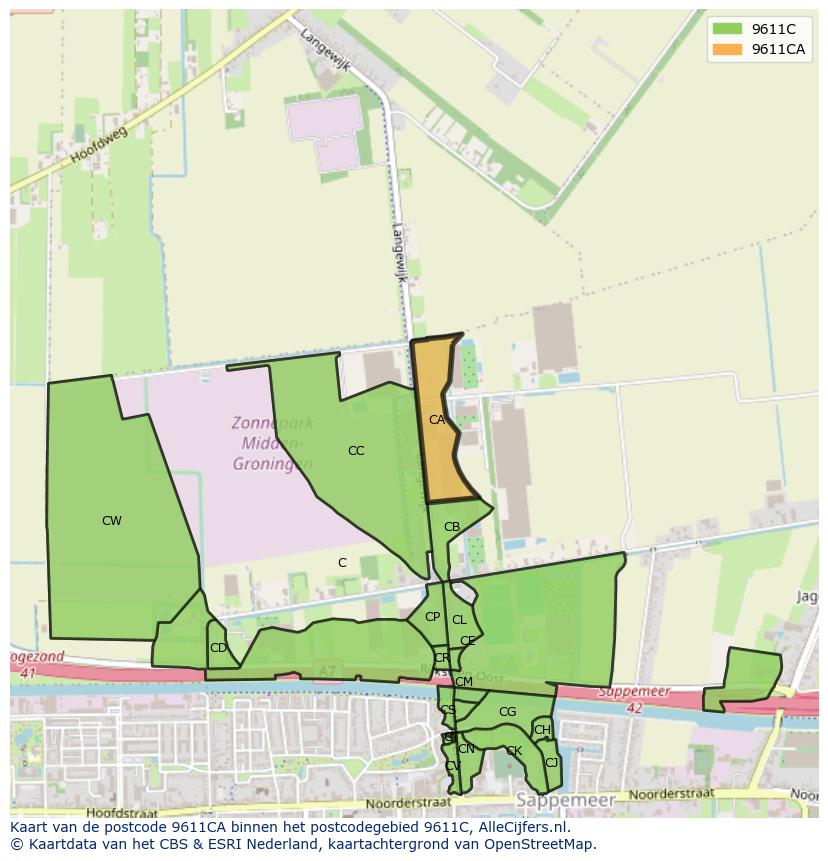 Afbeelding van het postcodegebied 9611 CA op de kaart.