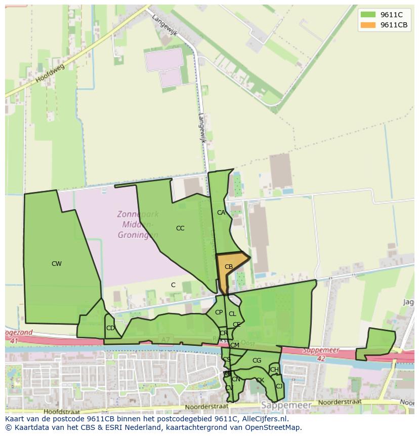 Afbeelding van het postcodegebied 9611 CB op de kaart.