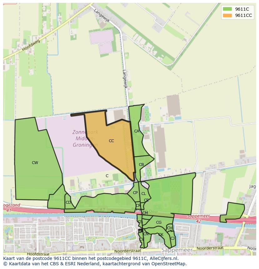 Afbeelding van het postcodegebied 9611 CC op de kaart.