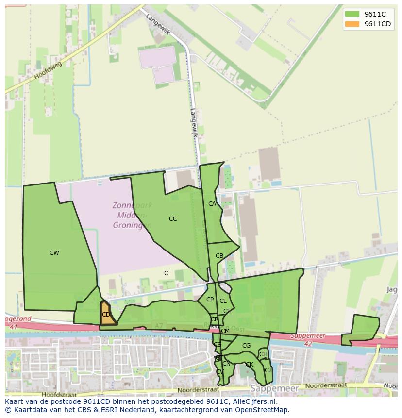 Afbeelding van het postcodegebied 9611 CD op de kaart.
