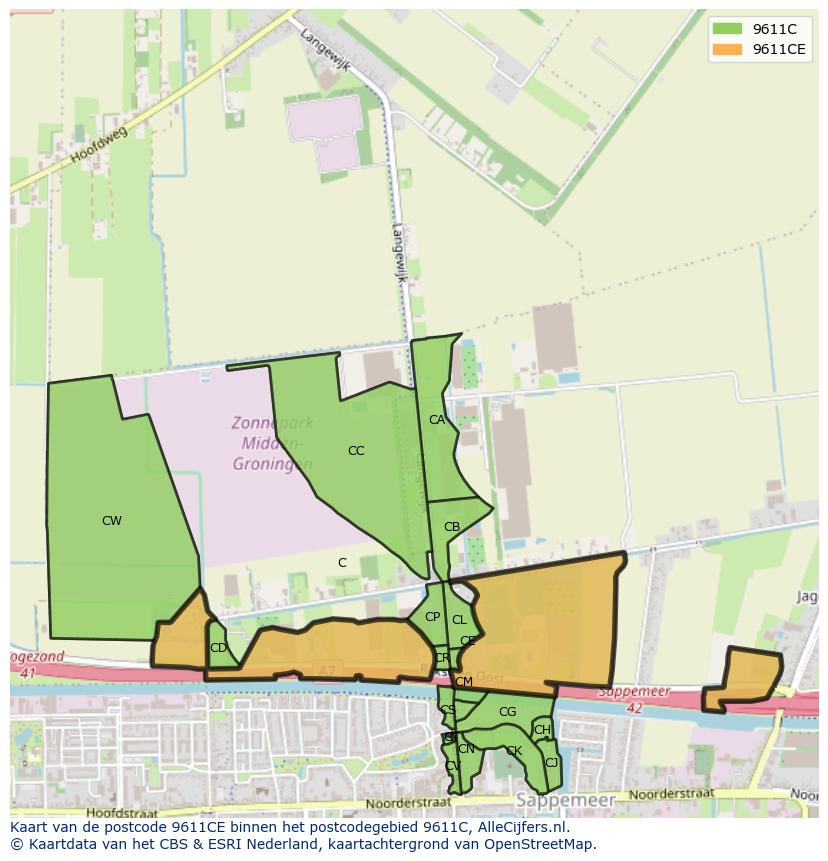 Afbeelding van het postcodegebied 9611 CE op de kaart.