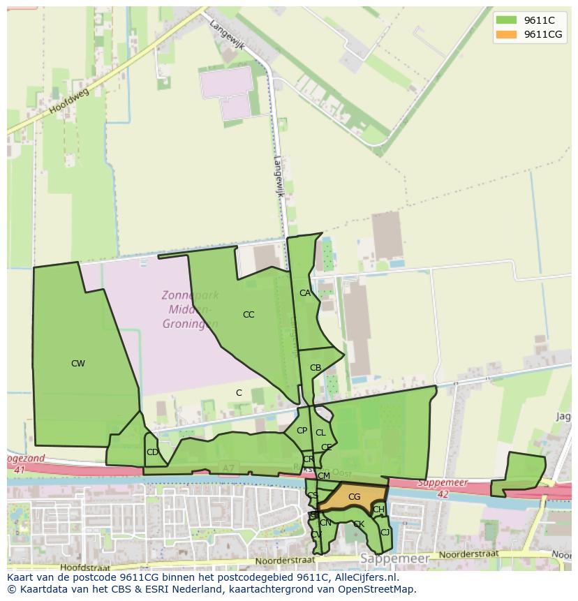 Afbeelding van het postcodegebied 9611 CG op de kaart.