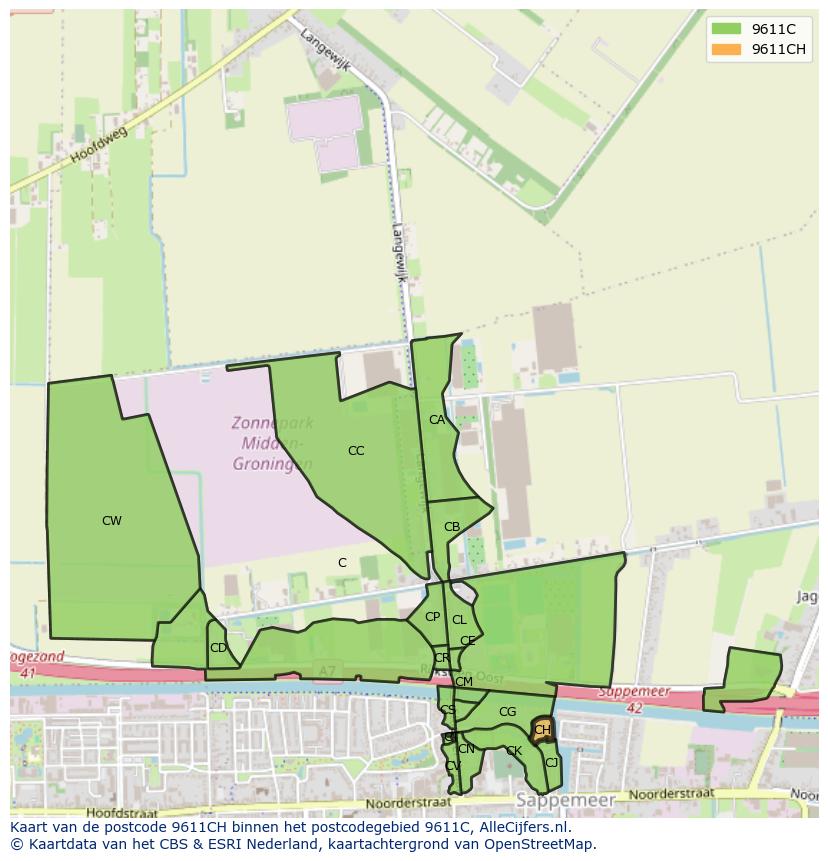 Afbeelding van het postcodegebied 9611 CH op de kaart.