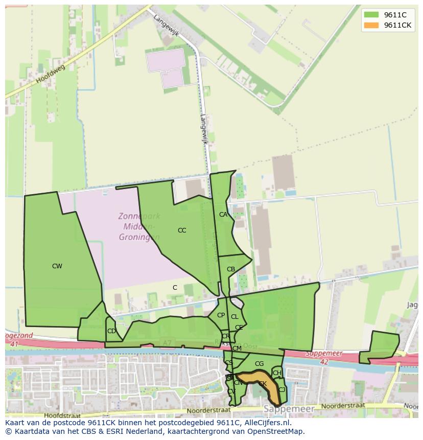 Afbeelding van het postcodegebied 9611 CK op de kaart.