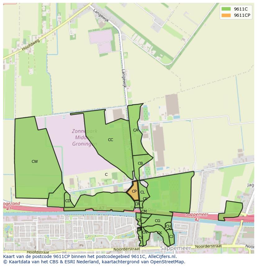 Afbeelding van het postcodegebied 9611 CP op de kaart.