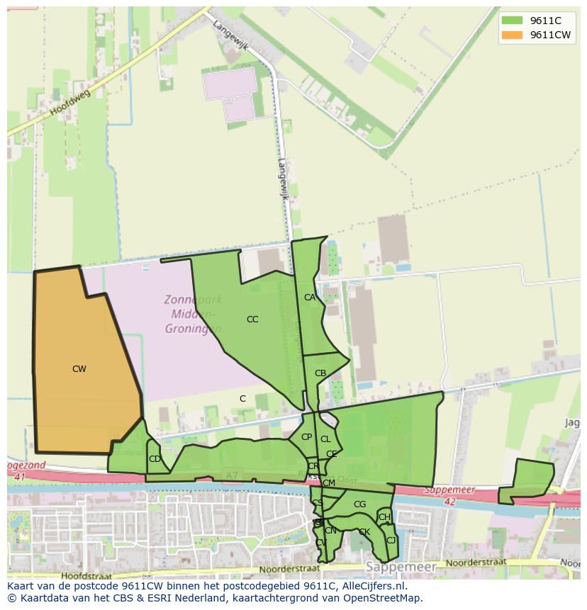 Afbeelding van het postcodegebied 9611 CW op de kaart.