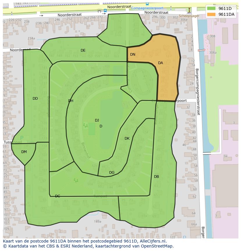 Afbeelding van het postcodegebied 9611 DA op de kaart.
