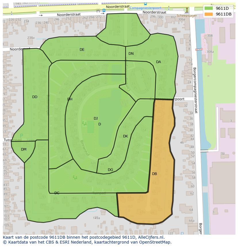 Afbeelding van het postcodegebied 9611 DB op de kaart.