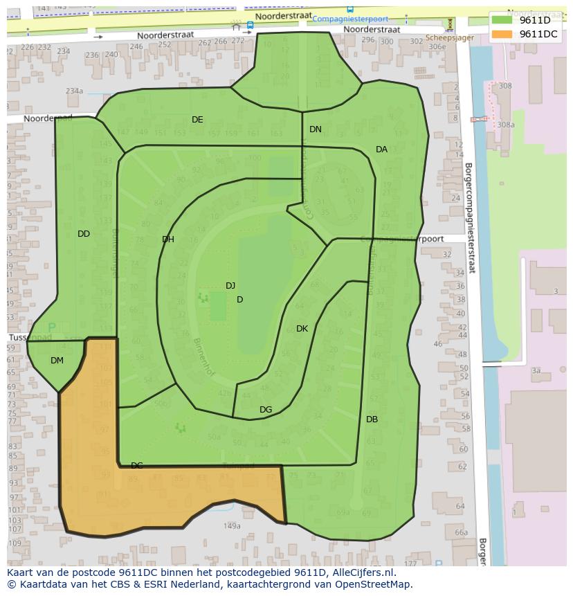 Afbeelding van het postcodegebied 9611 DC op de kaart.