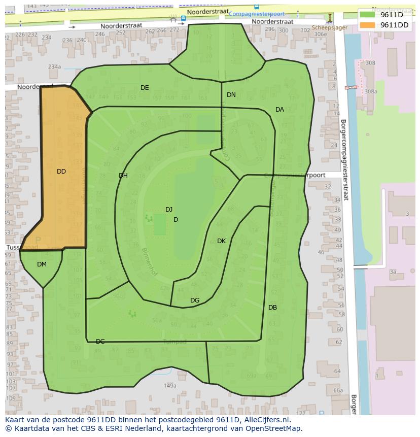 Afbeelding van het postcodegebied 9611 DD op de kaart.