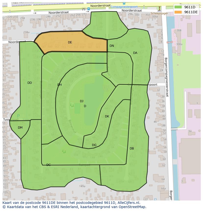 Afbeelding van het postcodegebied 9611 DE op de kaart.