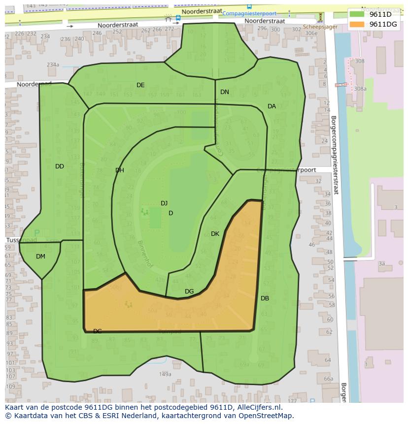 Afbeelding van het postcodegebied 9611 DG op de kaart.