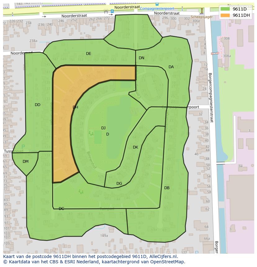 Afbeelding van het postcodegebied 9611 DH op de kaart.