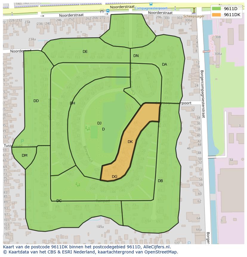 Afbeelding van het postcodegebied 9611 DK op de kaart.