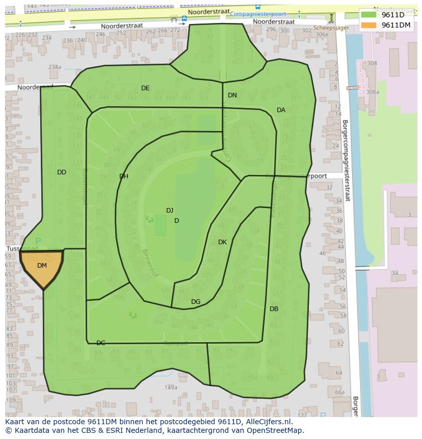 Afbeelding van het postcodegebied 9611 DM op de kaart.